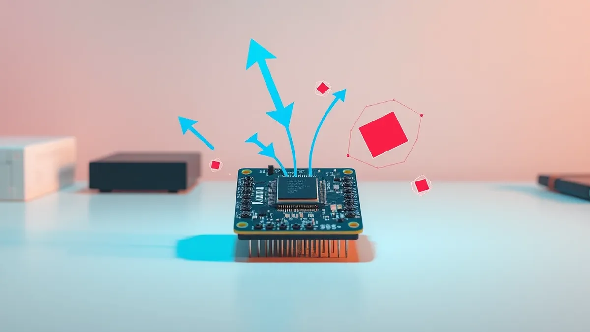 Illustration: A small circuit board with a microcontroller sits on a clean workbench.