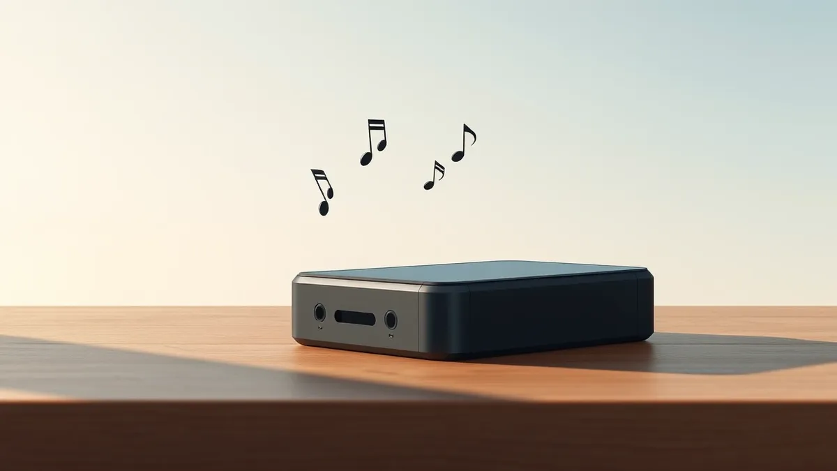 Illustration: A black smartphone rests on a wooden desk with sound waves emanating from its dual bottom speakers.