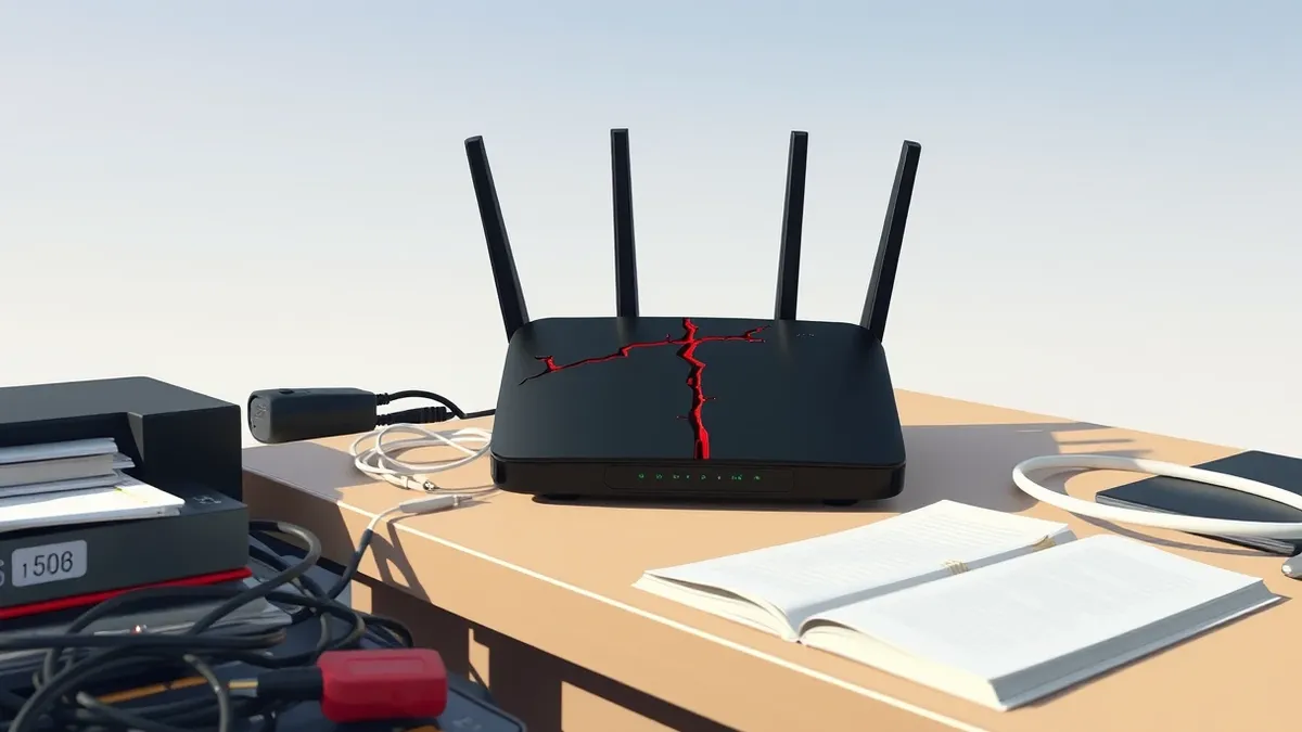 Illustration: A black plastic Wi-Fi router sits on a cluttered desk beside a white ethernet cable.