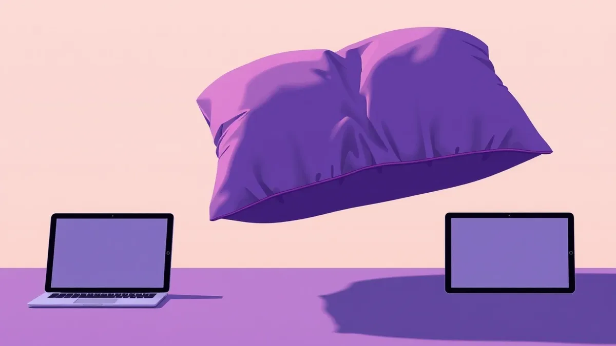 Illustration: A stylized purple pillow floats in midair, its fabric stretching thin and taut as if absorbing an invisible, heavy burden.