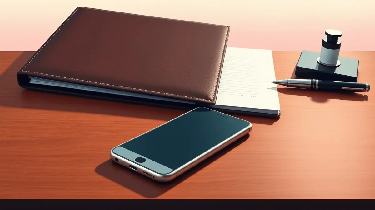 Illustration: A sleek silver smartphone rests on a polished wooden desk beside a heavy leather-bound folder and a fountain pen, suggesting high-stakes corporate strategy.
