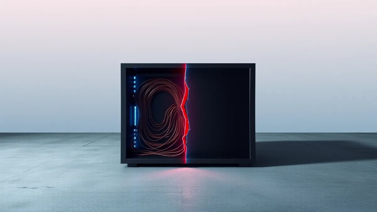 Illustration: A sleek black server box sits isolated on a gray concrete floor.