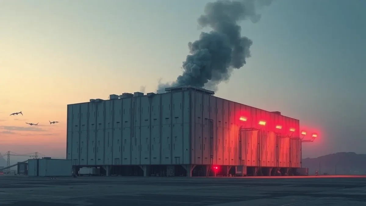 Illustration: A massive concrete server building sits in a flat industrial landscape, its roof torn open by impact craters.