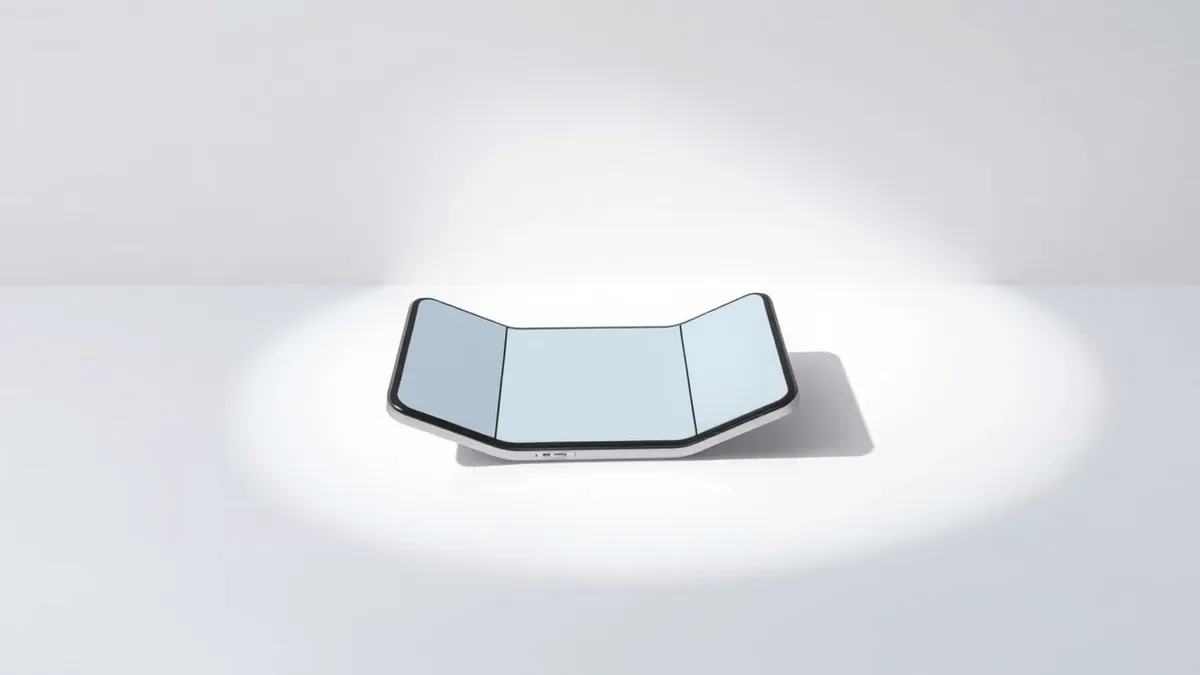 Illustration: A sleek foldable smartphone rests on a clean white surface.