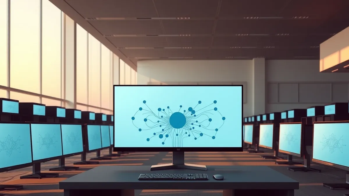 Illustration: A large open-plan office features rows of blank computer monitors displaying abstract geometric patterns.
