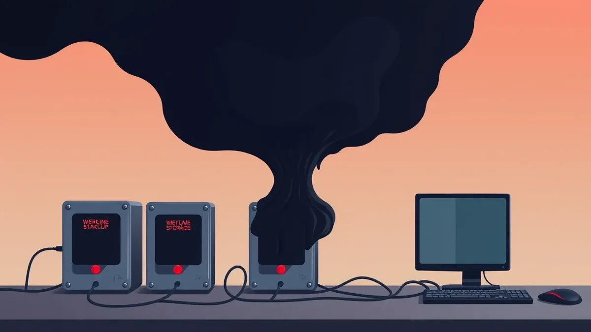 Illustration: A dark, ominous shadow looms over a row of external hard drives connected to a desktop computer.