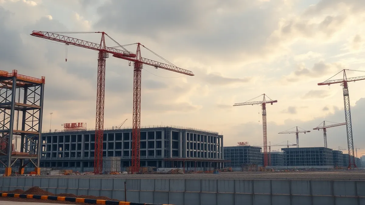 Illustration: A massive, unfinished semiconductor fabrication plant stands under construction, with towering cranes lifting steel beams into place against a cloudy sky.