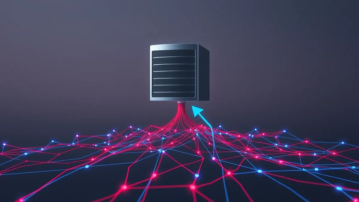 Illustration: A sleek silver server icon floats above a tangled web of glowing red and blue connection lines on a dark gray background.