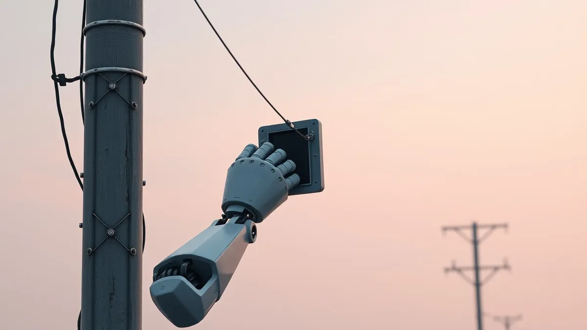 Illustration: A sleek autonomous robot arm reaches toward a weathered public utility pole.