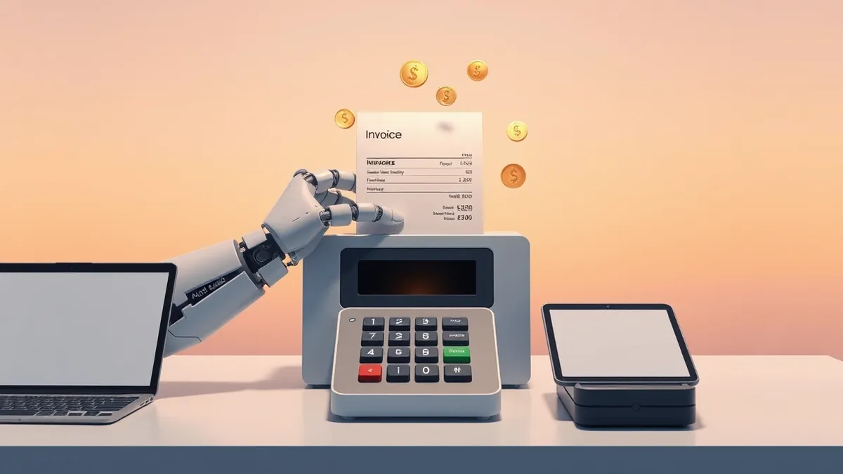 Illustration: A robotic hand places a blank invoice into a digital payment slot.