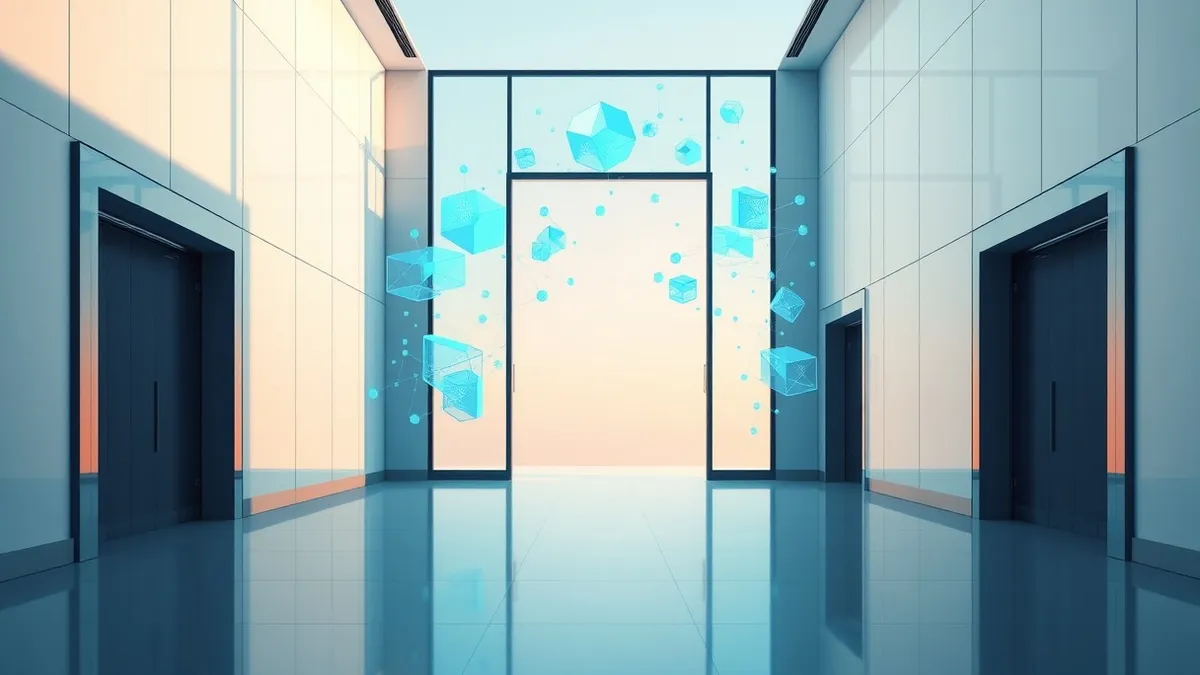 Illustration: A sleek corporate office hallway merges into a digital landscape of abstract blue data streams.