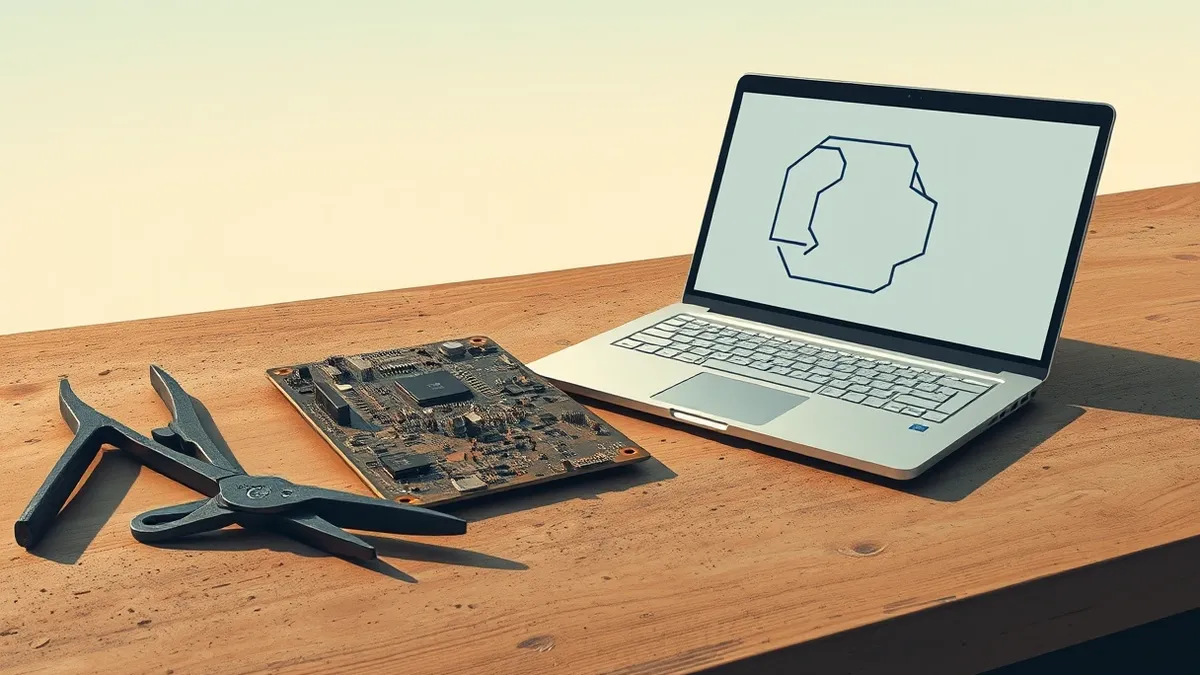 Illustration: A worn circuit board lies on a dusty workbench beside a pair of heavy pliers and a soldering iron.