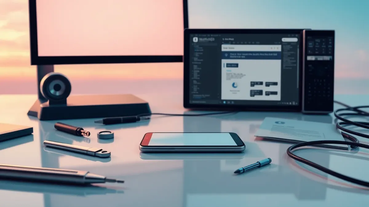 Illustration: A sleek smartphone rests on a polished desk, its blank screen reflecting the soft glow of a nearby monitor.