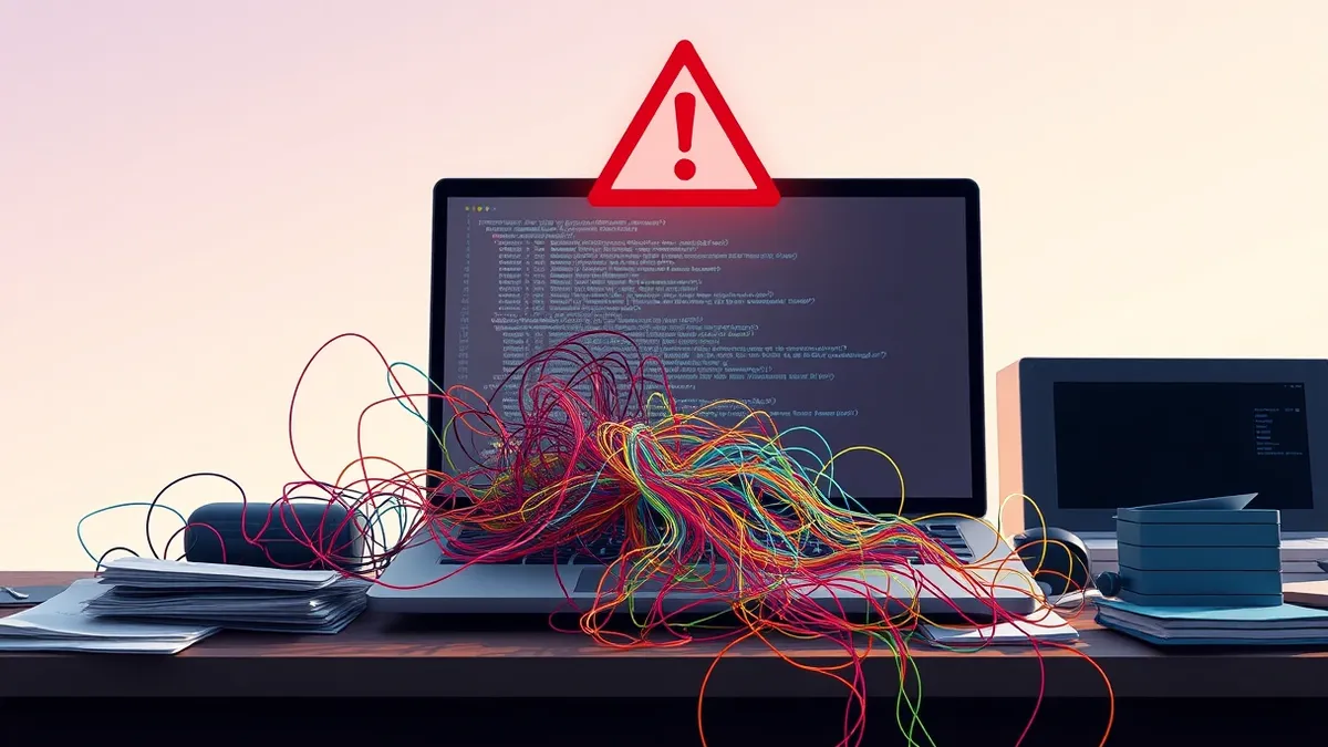 Illustration: A modern laptop sits on a cluttered desk with its screen displaying complex, tangled lines of colorful abstract code.