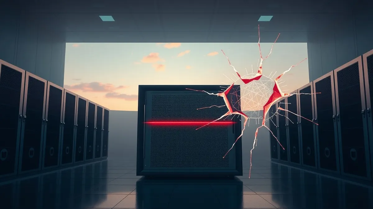 Illustration: A sleek server blade glows with an ominous red pulse inside a dim cloud infrastructure room, symbolizing the critical security breach.