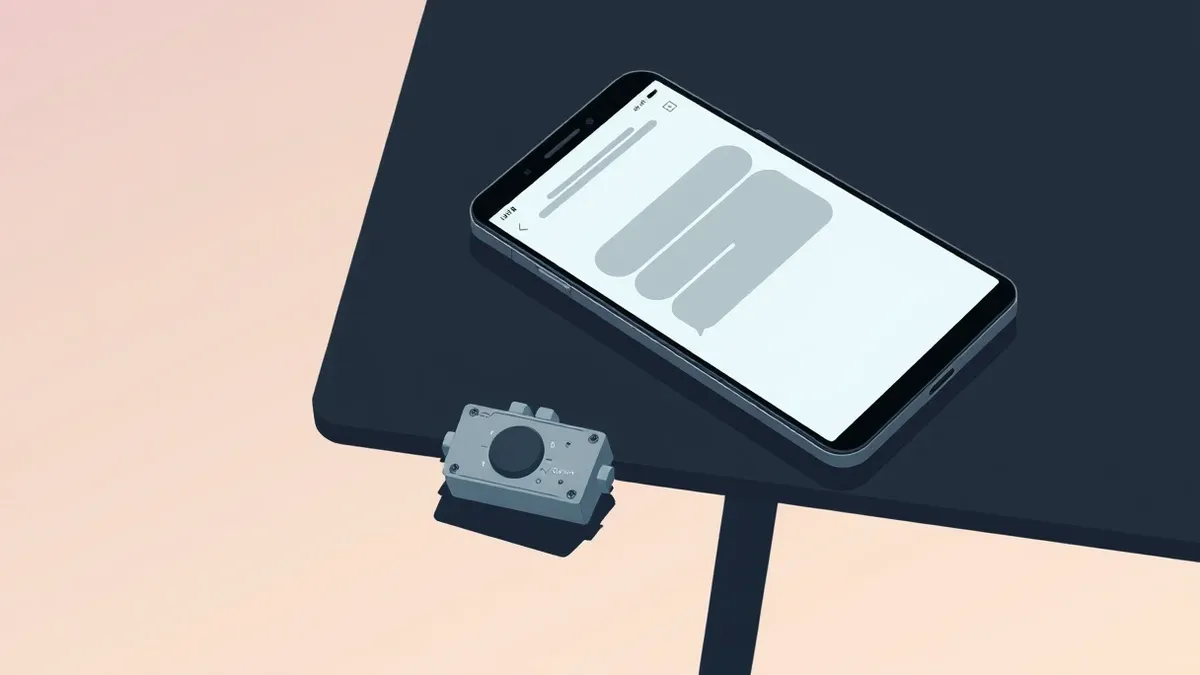 Illustration: A sleek smartphone rests on a dark table with its screen lit, displaying a messaging interface filled with abstract gray chat bubbles.