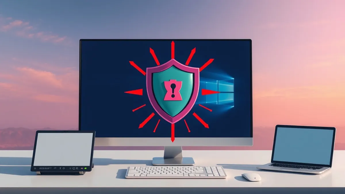 Illustration: A cluttered Windows desktop features three identical security shield icons overlapping in the center.