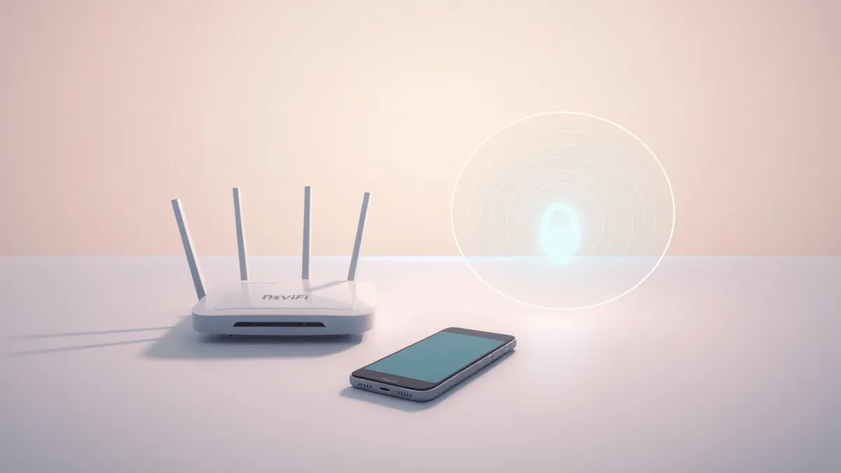 Illustration: A modern Wi-Fi router sits next to an outdated smartphone, separated by a translucent force field.