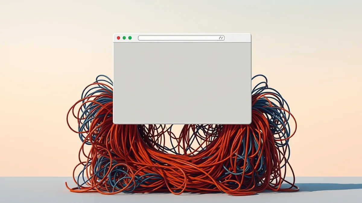 Illustration: A white web browser window displays a blank gray form with a single red error icon.