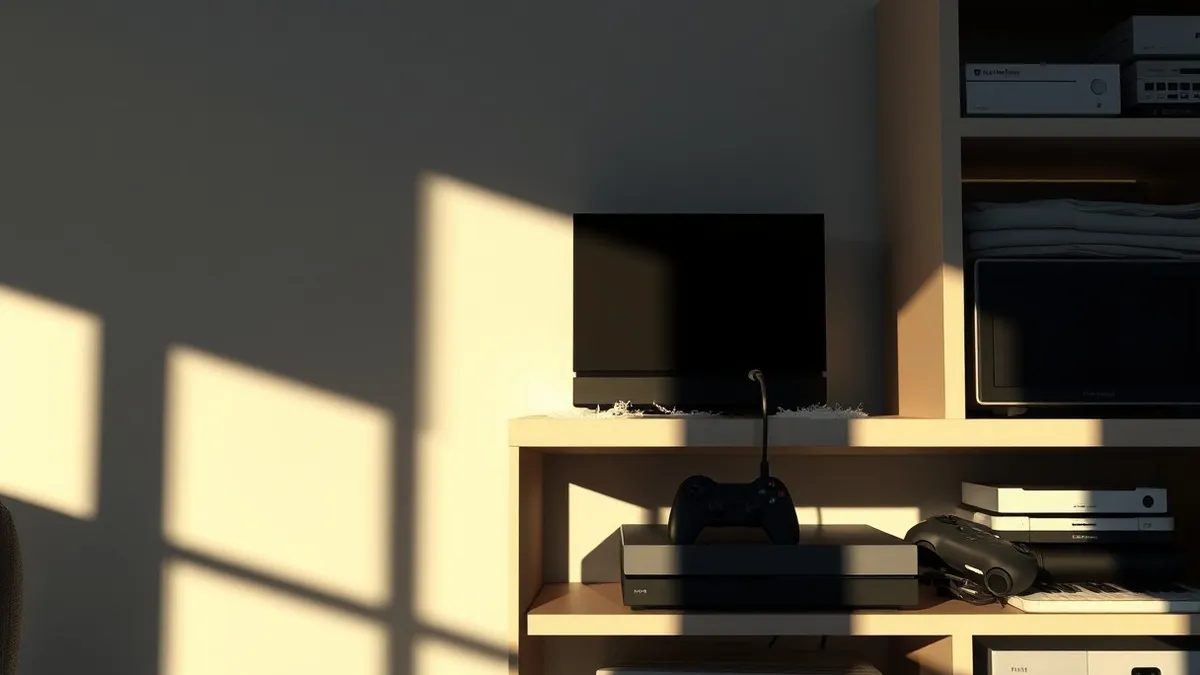 Illustration: A sleek black game console sits idle on a cluttered media shelf, casting a long shadow in dim room lighting.