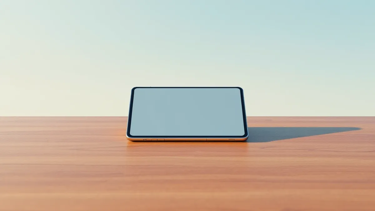 Illustration: A sleek foldable smartphone rests closed on a polished wooden table, its hinge mechanism visible.