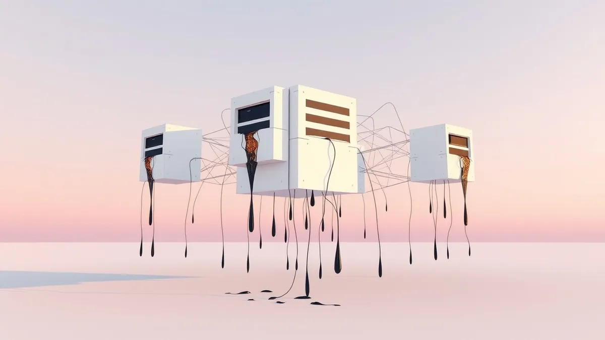 Illustration: A network of interconnected white server nodes floats in a void, with several cracked and leaking dark data streams.