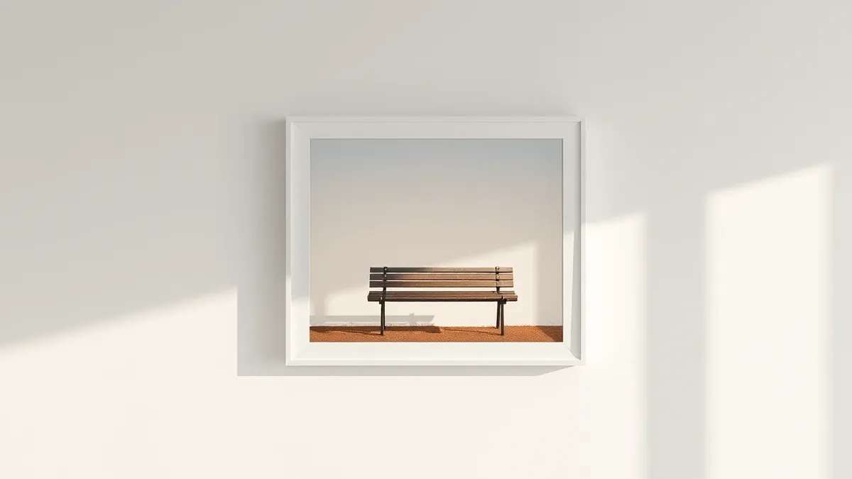 Illustration: A pristine white frame hangs on a wall, displaying a soft-focus photograph of a park bench.