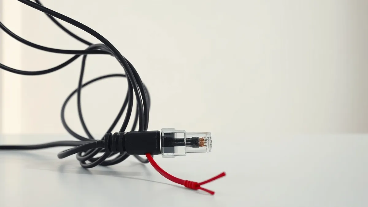 Illustration: A tangled nest of black cables connects to a severed Ethernet plug on a plain desk, with a single red wire dangling loosely in the foreground.