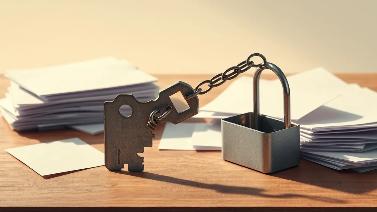 Illustration: A tattered key with a jagged bite mark rests on a dusty desk beside a scattered pile of blank paper files.