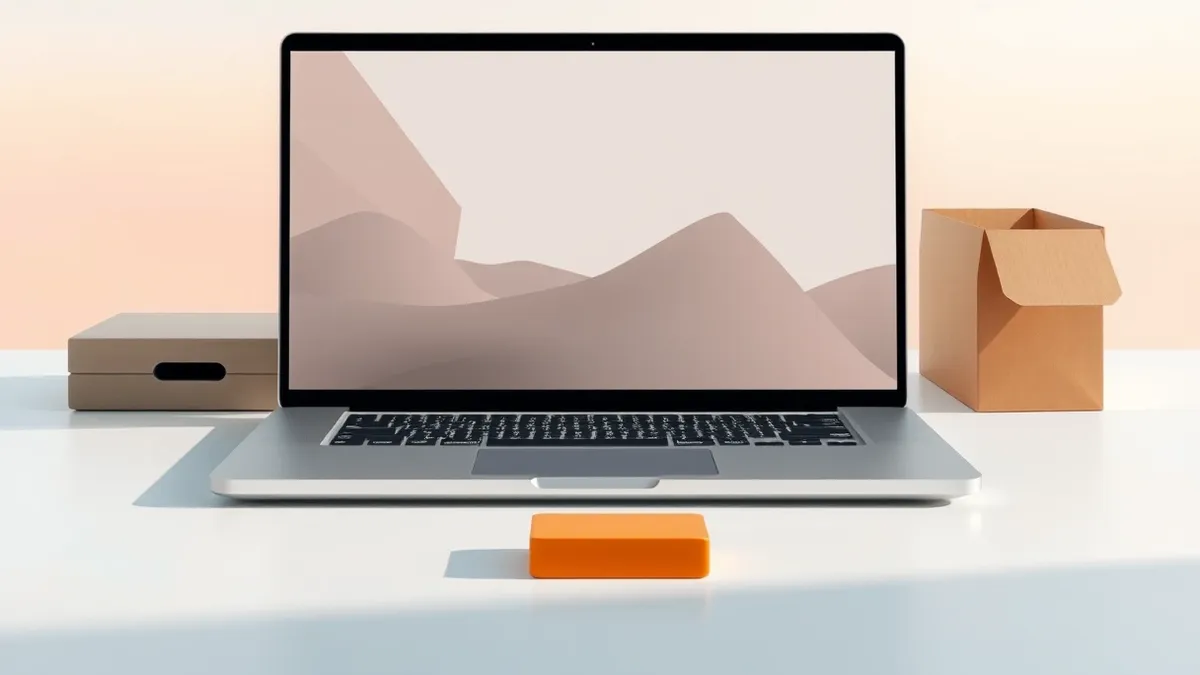 Illustration: A sleek aluminum laptop rests open on a clean white desk.