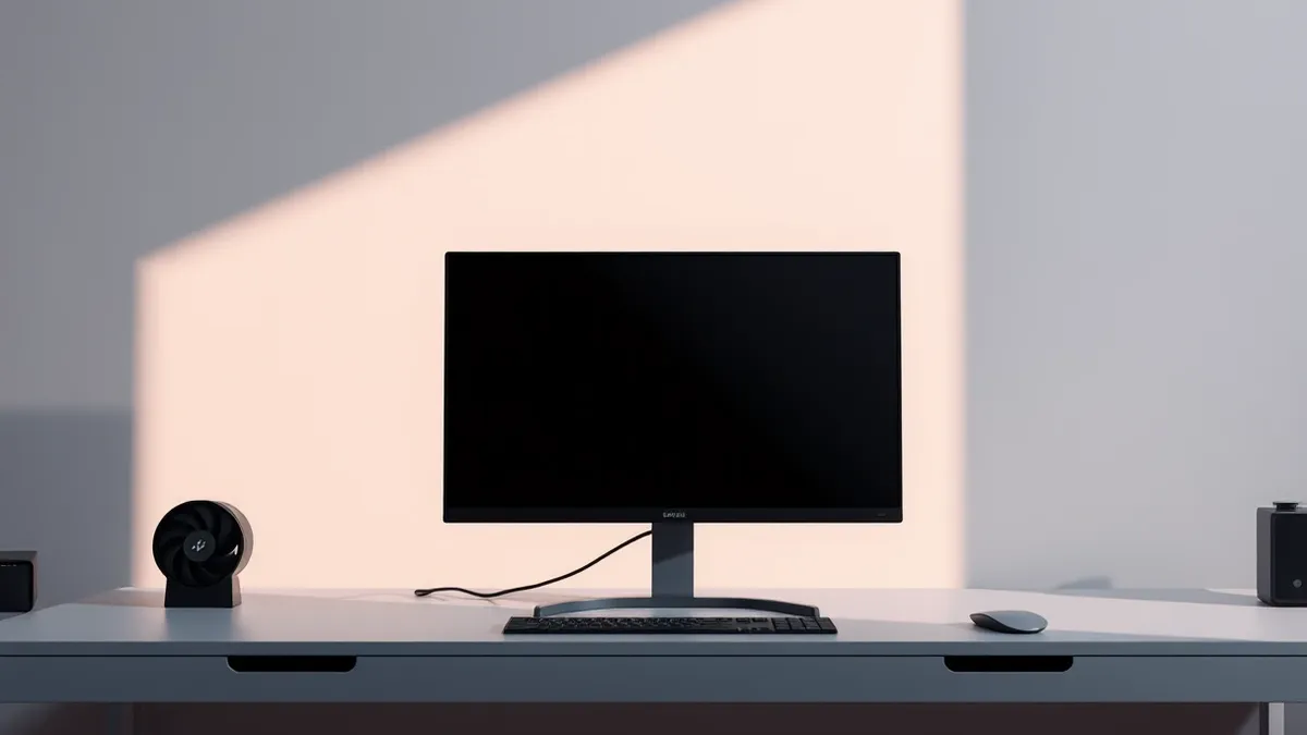 Illustration: A sleek monitor sits dark on a minimalist desk, its screen blank and reflective.