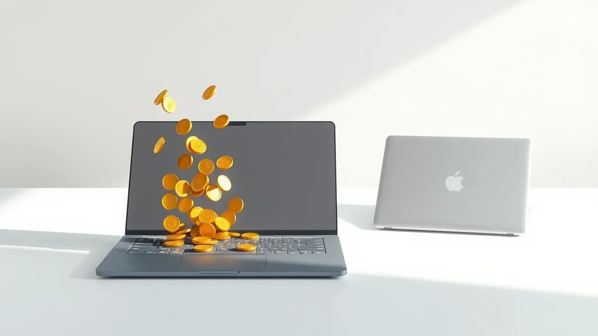 Illustration: A sleek slate-gray laptop rests on a clean white desk beside a silver clamshell notebook.