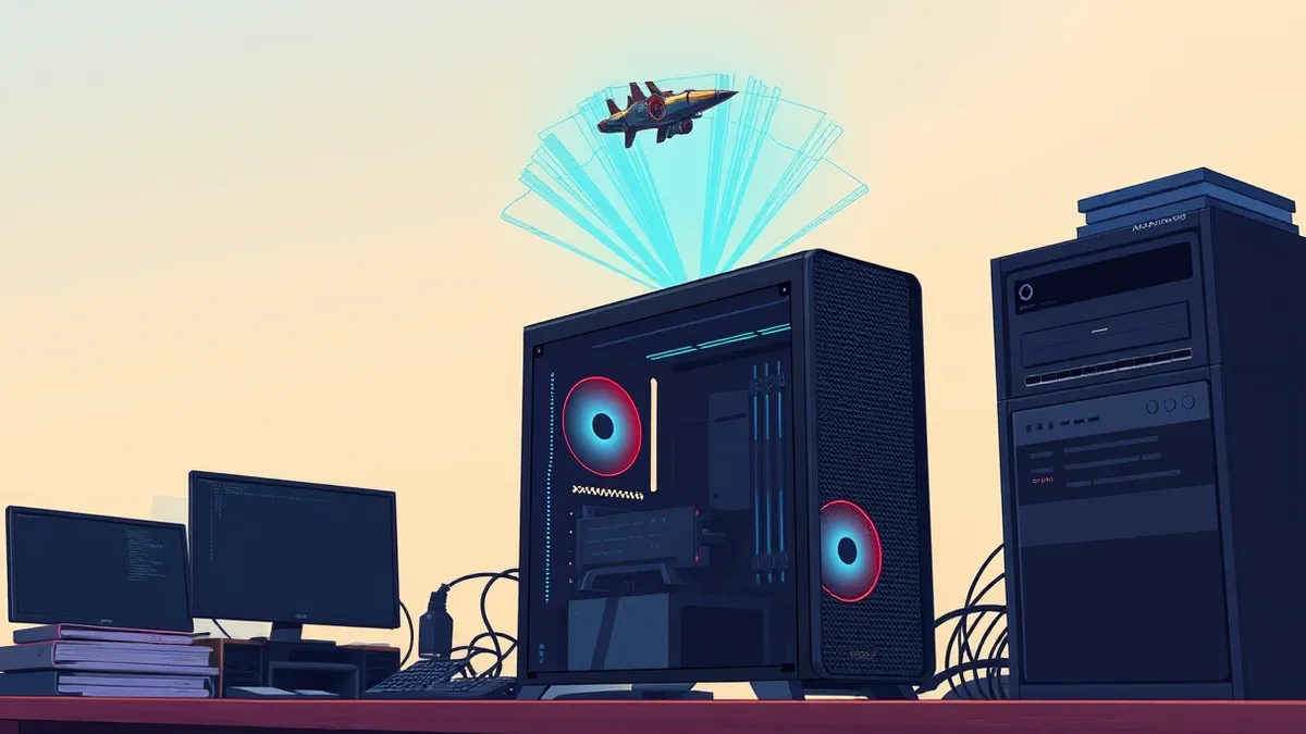 Illustration: A sleek black computer tower hums on a cluttered desk while a miniature glowing starship hovers above its vents.