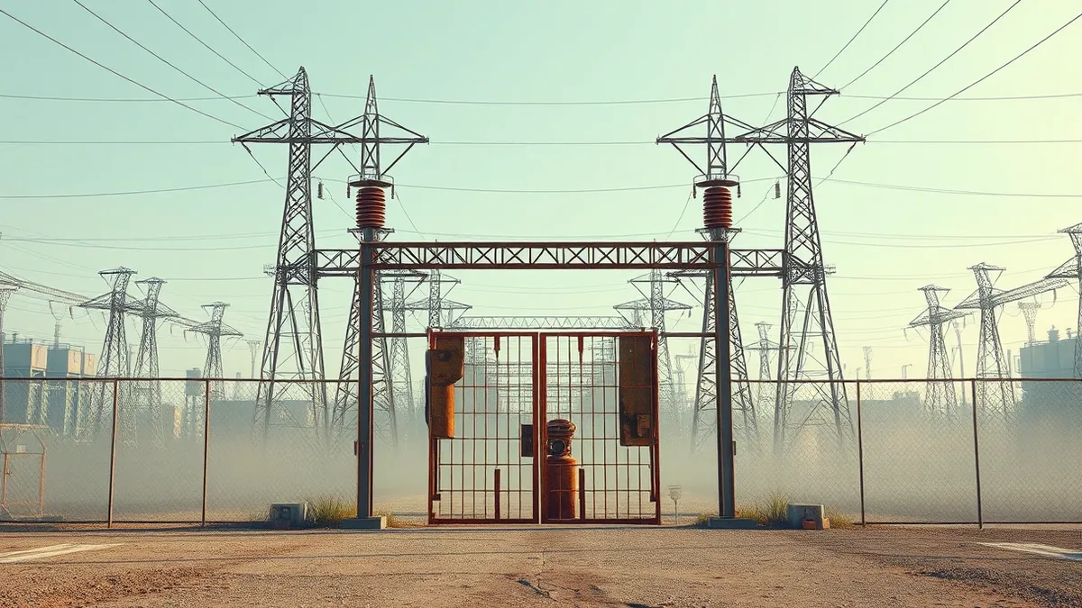Illustration: A rusted iron gate stands closed before a sprawling power substation with towering metal structures and insulators.