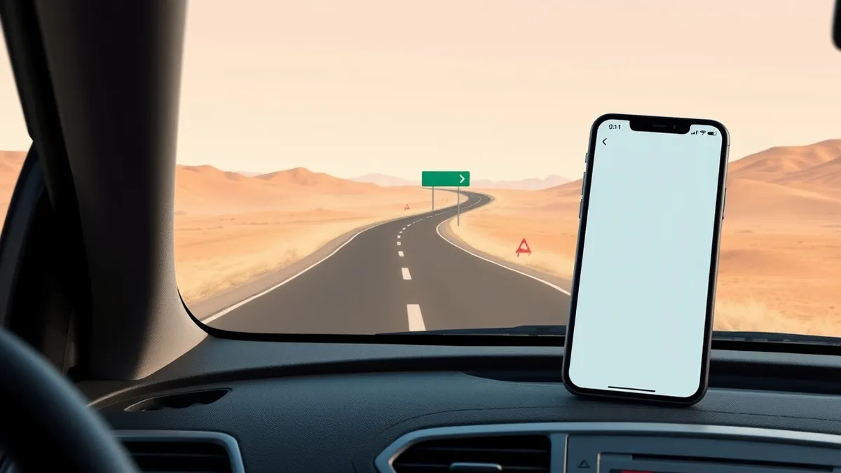 Illustration: A smartphone rests on a car dashboard, its screen displaying a blank messaging app interface.