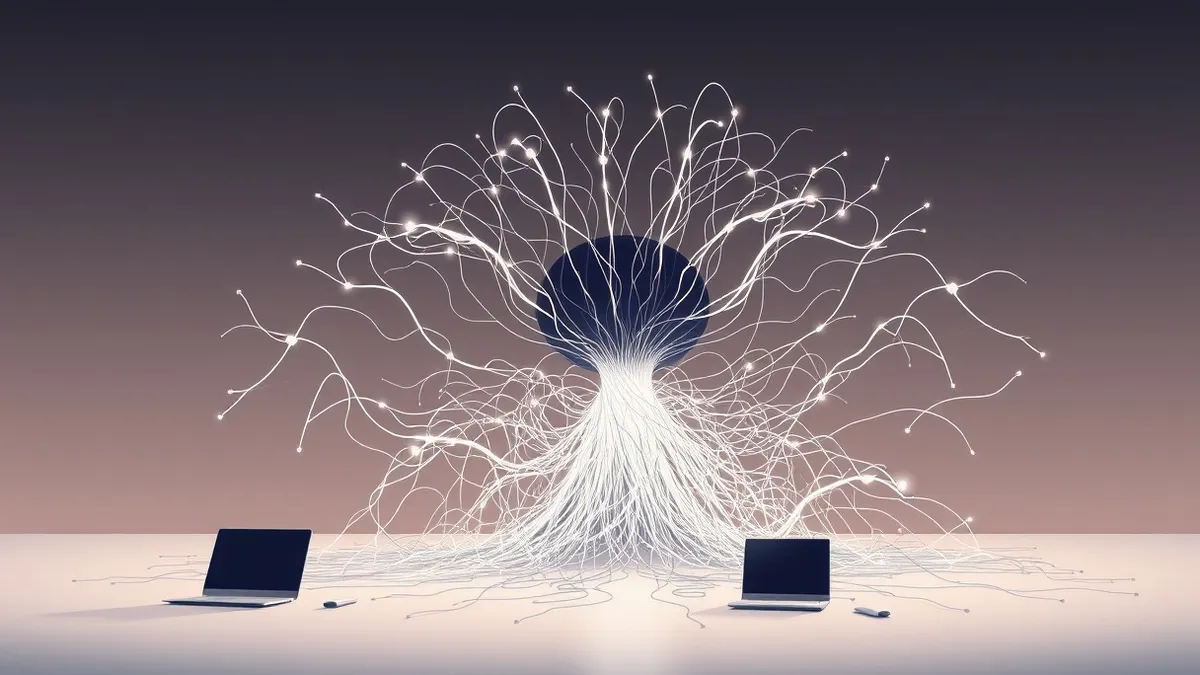 Illustration: A tangled web of glowing white threads erupts from a single dark node, spreading outward like roots across a void.