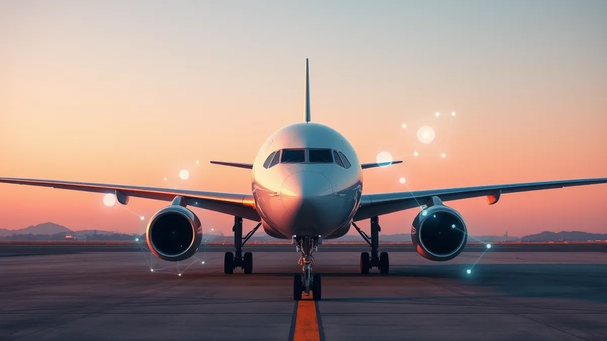 Illustration: A sleek commercial airplane sits on a tarmac under a clear sky, surrounded by floating translucent geometric shapes that resemble data nodes and connection lines.