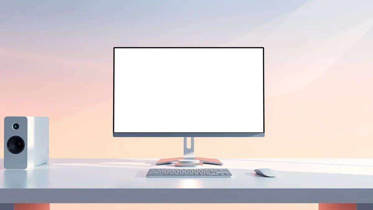 Illustration: A sleek, minimalist workstation displays a blank monitor with abstract geometric overlays representing digital boundaries.