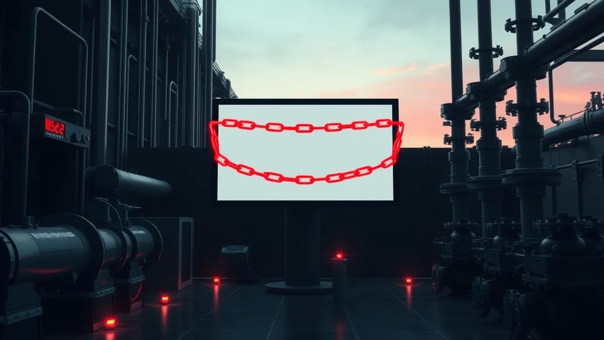Illustration: A dark industrial control room features a large blank monitor surrounded by warning lights.