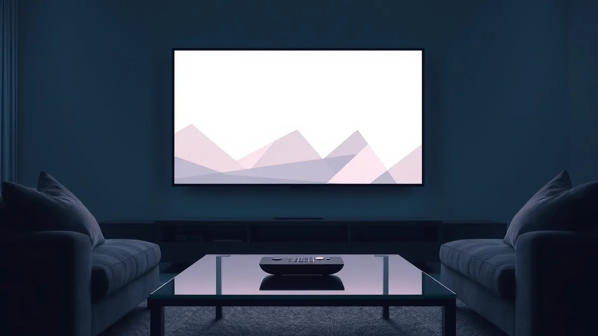 Illustration: A blank television screen glows softly in a dim living room, displaying only abstract geometric shapes.