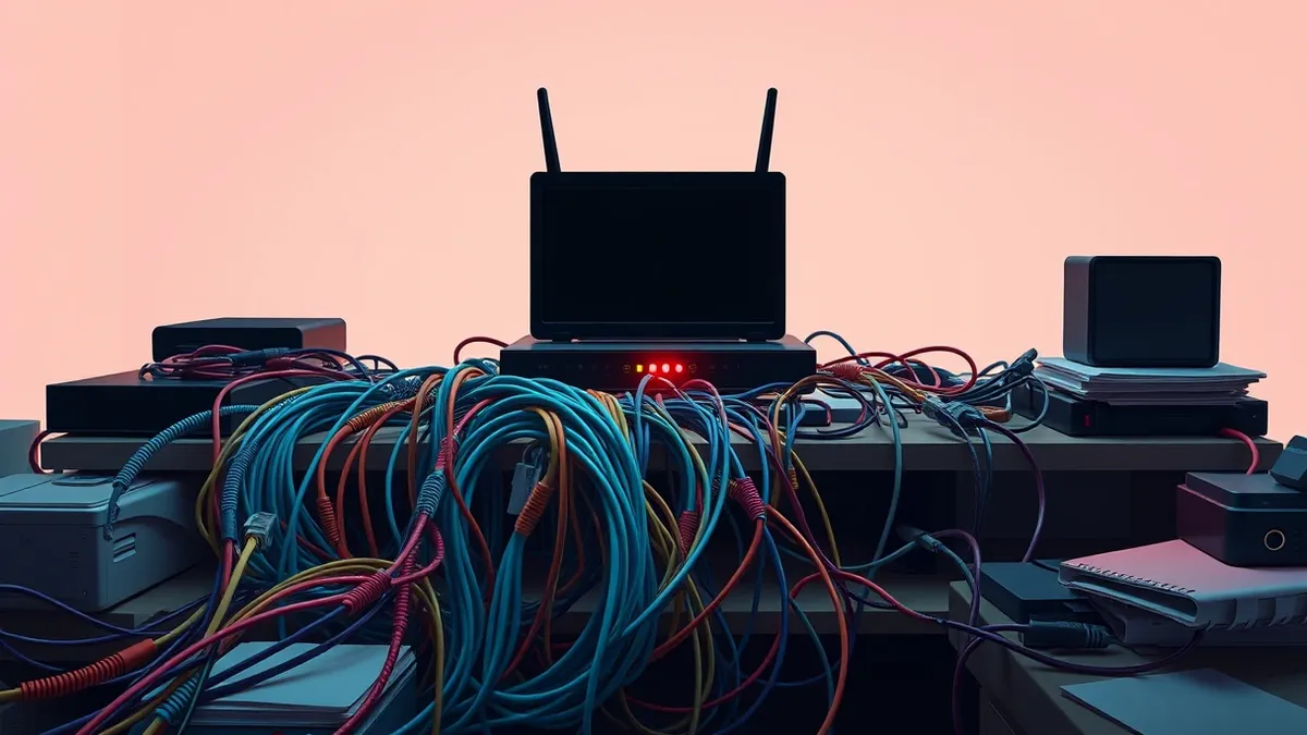 Illustration: A tangled mass of colorful Ethernet cables snakes across a cluttered desk, connecting to a blank black router.