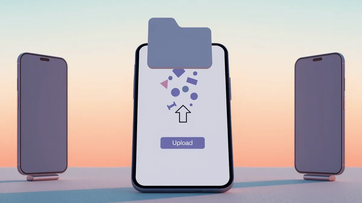 Illustration: A blank smartphone displays a generic shopping app interface with a single upload button.