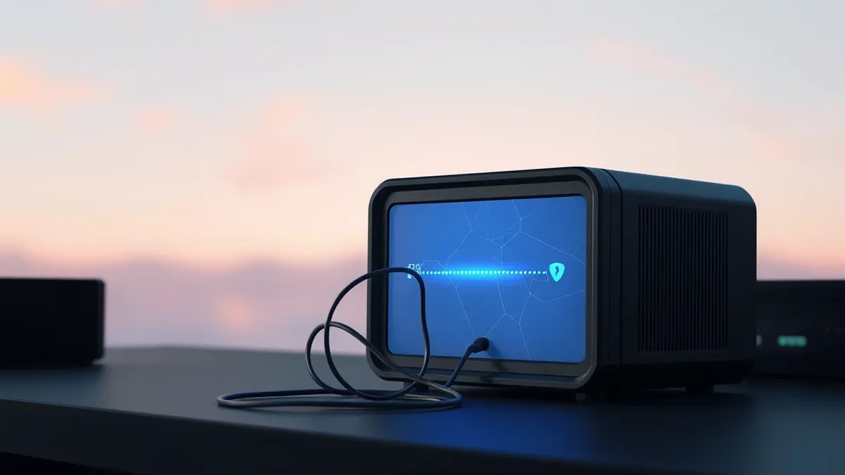 Illustration: A sleek black security gateway sits on a dark desk, its front panel glowing with a steady blue light.