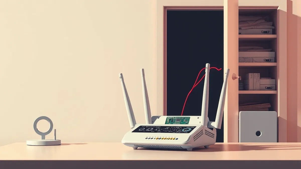 Illustration: A small office desk holds an unpatched wireless router with its plastic back panel removed, exposing the circuit board inside.