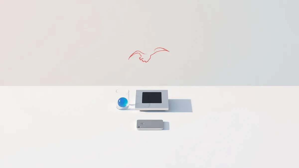 Illustration: A sleek silver microchip rests on a clean white surface beside a small glass vial containing a single blue marble.
