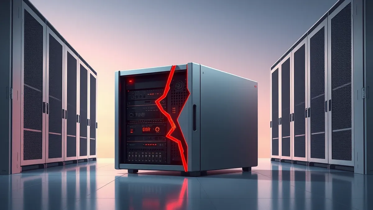 Illustration: A silver enterprise backup appliance sits alone in a dim server room.