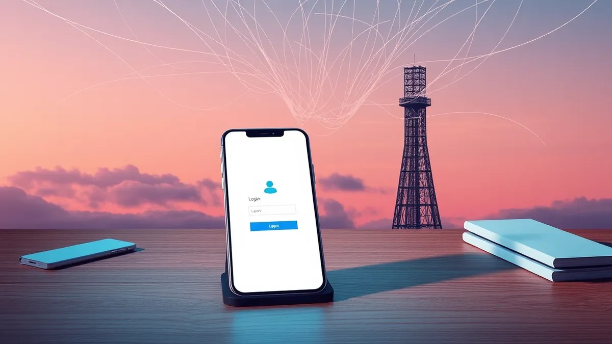 Illustration: A smartphone displaying a blank login screen sits on a wooden desk, with a tangled web of thin, chaotic lines connecting the device to a distant, unsecured server tow