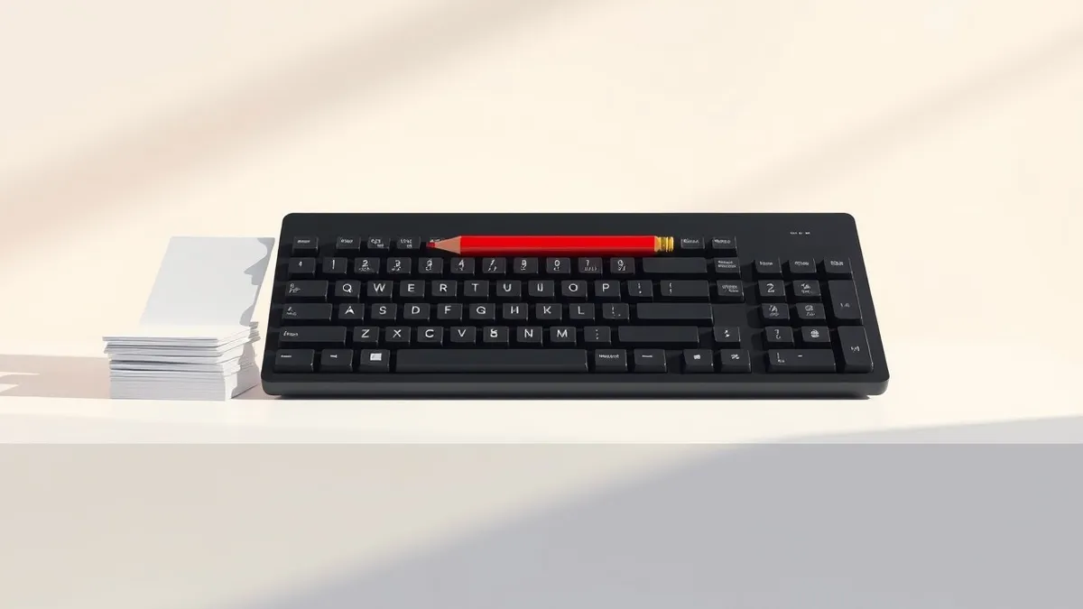 Illustration: A single black computer keyboard sits on a clean white desk.