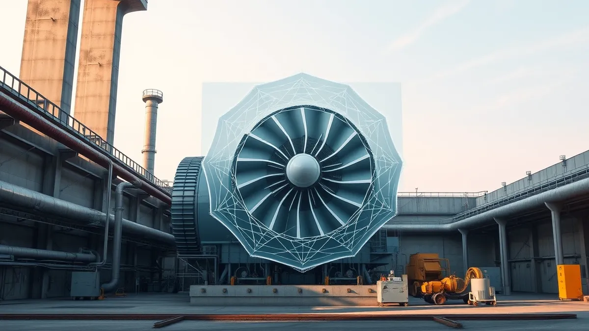 Illustration: A large industrial turbine sits inside a concrete power plant hall, surrounded by thick metal pipes and heavy machinery.