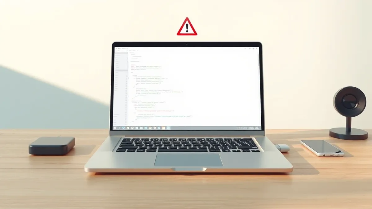 Illustration: A sleek silver laptop sits on a wooden desk, its screen displaying a clean, blank code editor interface with abstract syntax highlighting.